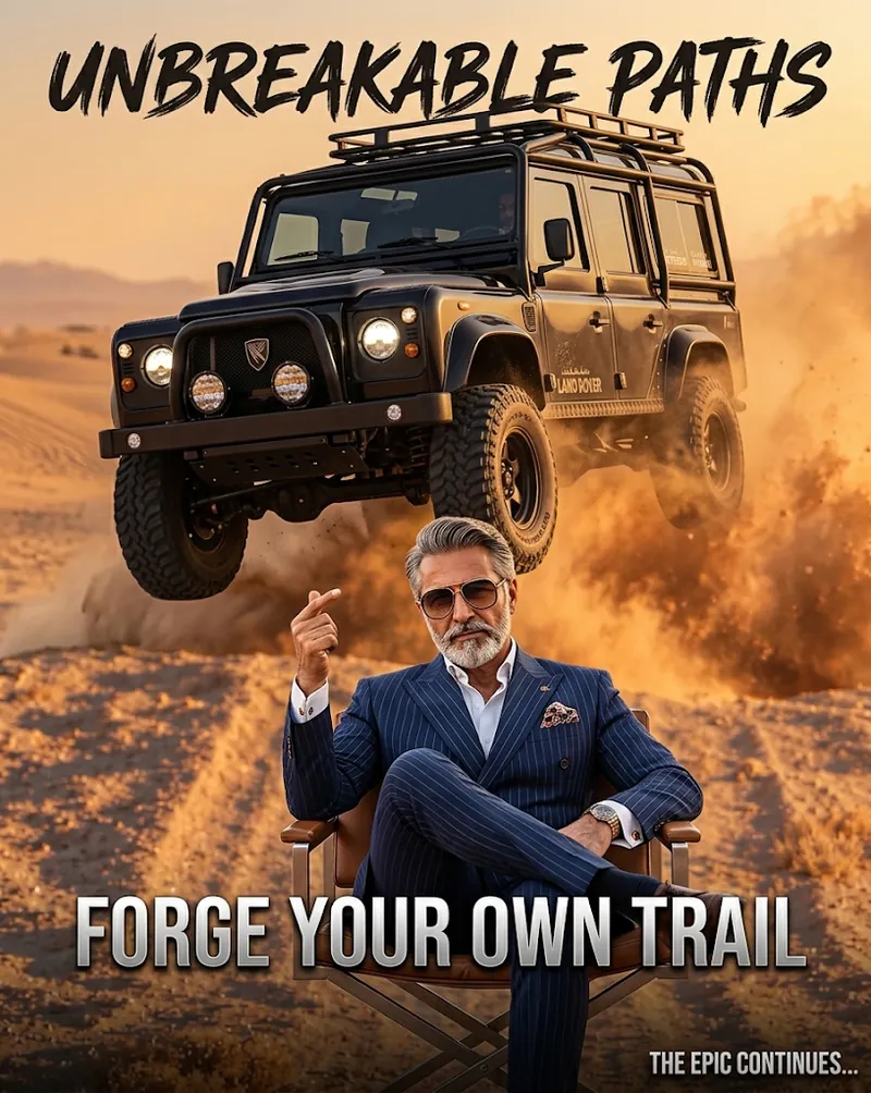 AI-generated poster titled Unbreakable Paths showing a man in a navy suit and sunglasses seated in a director's chair while a black off-road 4x4 jumps over a desert dune behind him
