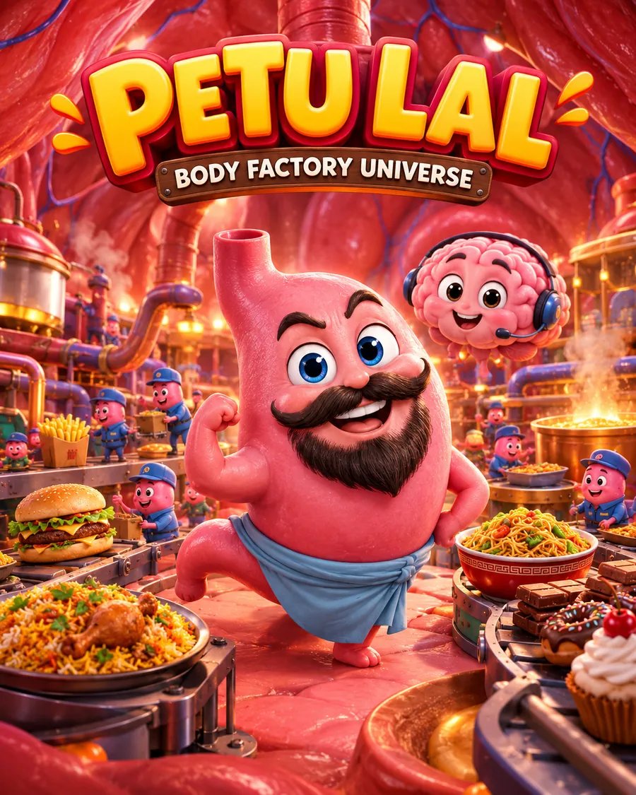 Petu Lal, a pink cartoon stomach character with a moustache, standing in a 3D body factory with burgers, biryani and noodles on conveyor belts